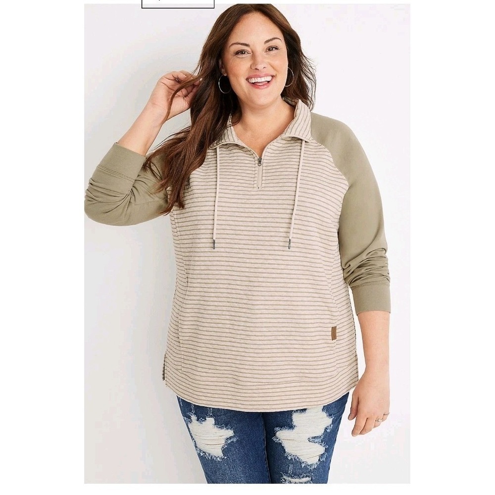 Maurices‎ Womens Quilted Quarter Zip Pullover Sage Green Striped 2 2x Pocket